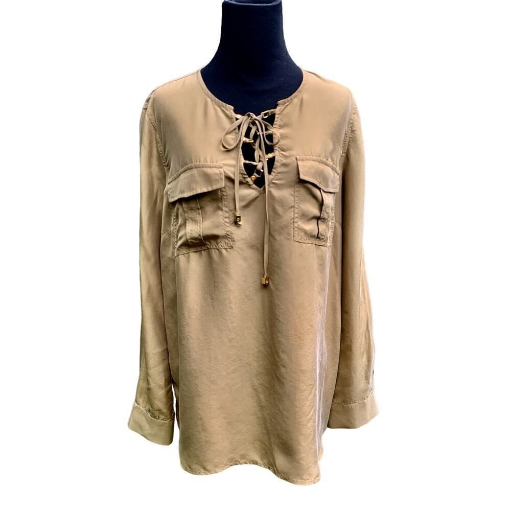 Michael Kors 100% Silk Golden Tan Tunic Safari Shirt Size Large